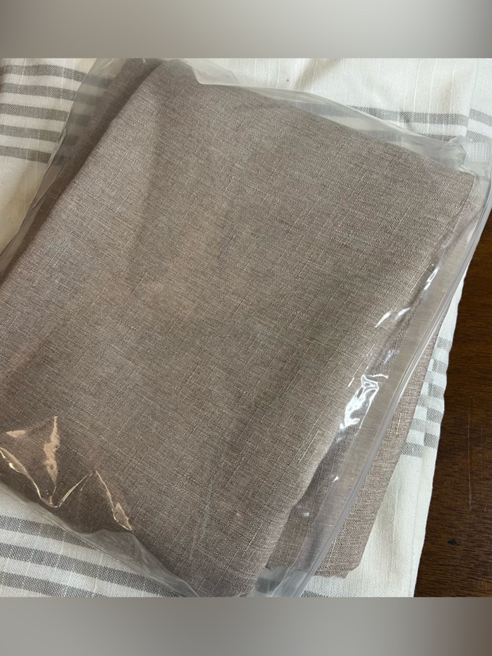 Neutral Taupe Linen-Texture Rectangle Tablecloth and White Striped Sheet Bundle